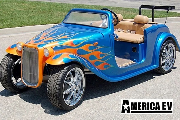 Blue California Roadster with Orange Flames affordable golf cart rental, golf cart rent isle of palms golf cart rental