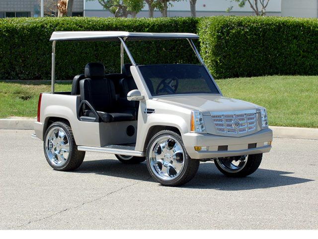 Silver Escalade Golf Cart With Roof and Custom Wheels affordable golf cart rental, golf cart rent isle of palms golf cart rental
