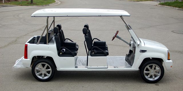 White Escalade Limo Golf Cart affordable golf cart rental, golf cart rent isle of palms golf cart rental